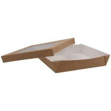 Caserole din carton + capac cu fereastra, 210 x 210 x 40 mm, kraft natur + alb